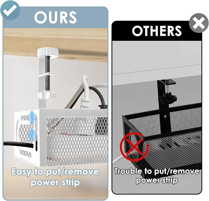 Cable Management, 25'' Cable Management Under Desk No Drill, Metal Cord Organizer with Clamp for Standing Desk, Cable Organizer for Home Office, White