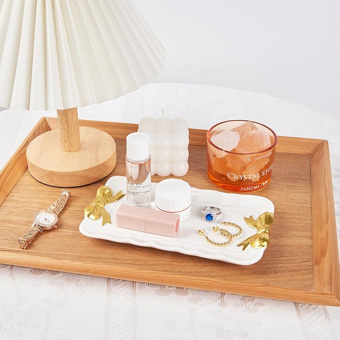 Bow Jewelry Tray Ceramic Trinket Dish for Rings Earrings Necklaces Bracelet Watch Keys, Ring Dish Plate Key Bowl Room Decor Aesthetic Vanity Perfume Tray, Gifts for Women, 6.69"