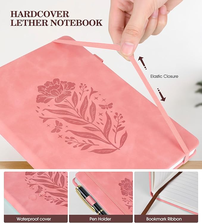Lined Journal Notebook for Women, Hardcover Leather Journaling Notebooks, Pink B5 200 Pages Large Journals for Writing, College Ruled Notebook for Work School, Note Taking, Business Diary 7.6'' X 10''