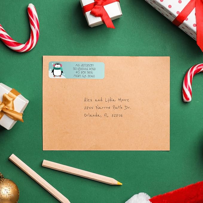 Whimsical Christmas Rolled Address Labels / 500 Personalized Return Address Labels/Designer Address Stickers in Elegant Plastic Dispenser