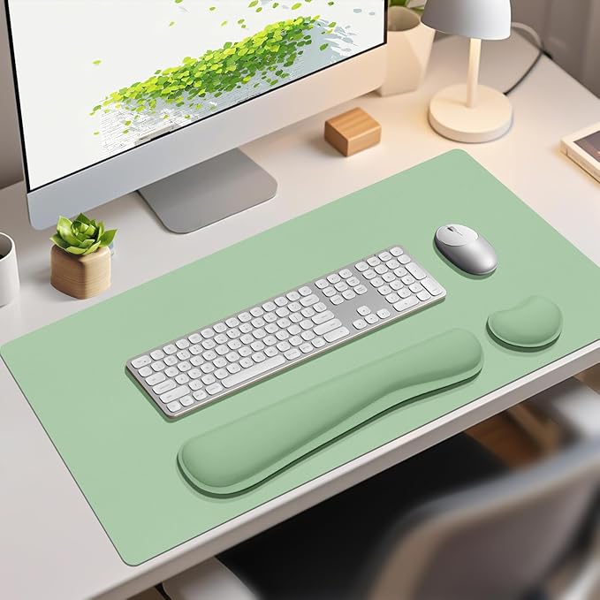 Mouse Pad and Keyboard Wrist Rest, Large Keyboard and Mouse Pad Set, Ergonomic Mousepad with Wrist Rest, Non-Slip Desk Mat Protector for Office, Home (31.5×15.7 Inches, Lake Green)