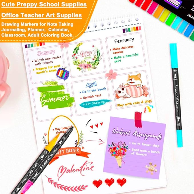 Soucolor Art Brush Markers Pens for Adult Coloring Books, 36 Colors Numbered Dual Tip (Brush and Fine Point) Marker Pen for Kids Note taking Planner Hand Lettering Calligraphy Drawing Journaling