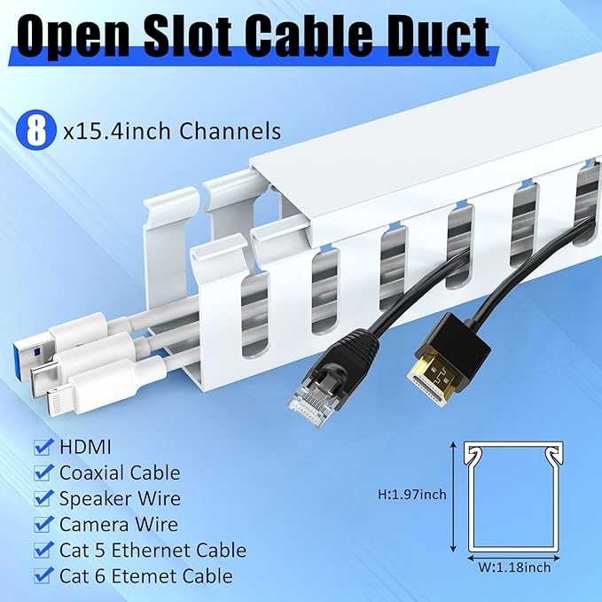 Open Slot Wiring Raceway Cable Duct, 123in Cable Management Channel Cord Track,Desk Wire Channel, Under Desk Cable Management to Hide Cables, Wires for Computers - 8x15.4in x1.18in x1.57in