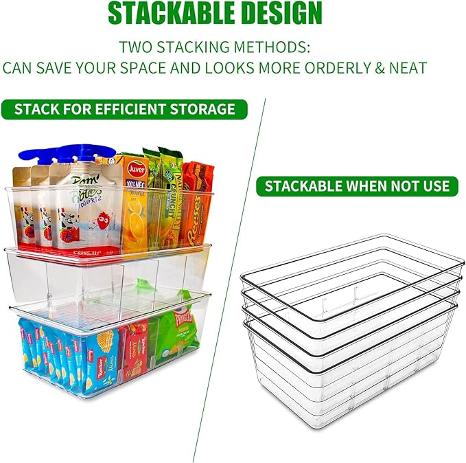 Pantry Organizers and Storage,Kitchen Organizers and Storage for Fridge,Drawer and Refrigerator - Spice Organization for Cabinet,Clear Plastic Stackable Storage Organizer Bins with 3 Dividers (3 Pcs)