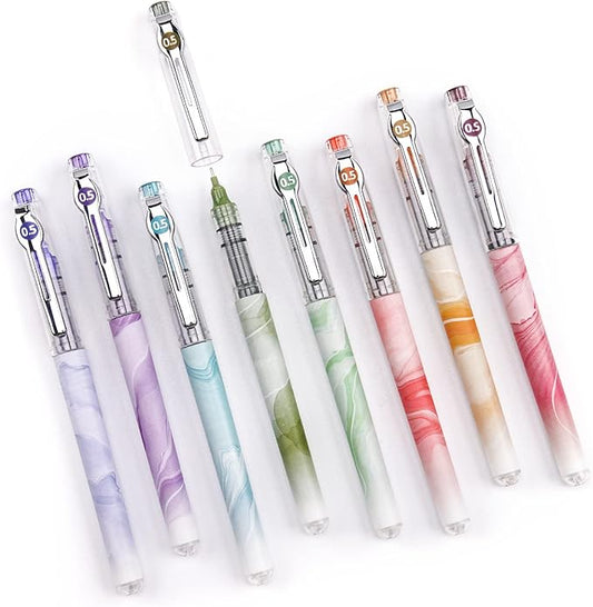 WRITECH Liquid Ink Rollerball Pens: Multi Colored 0.5mm Extra Fine Point Tip Rolling Roller Ball Pen 8ct Assorted Colors for Journaling Smooth Writing Note Taking No Bleed & Smudge & Smear
