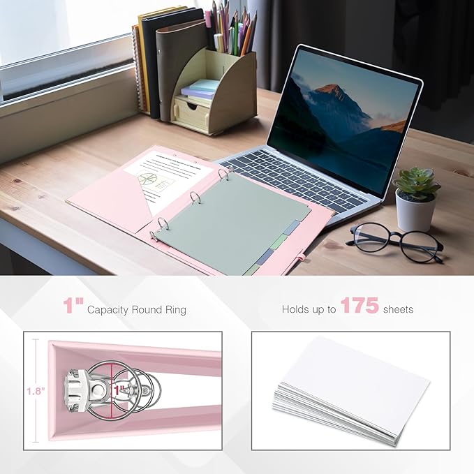 Ospelelf Binder 3 Ring 1 Inch, Solid Pink Round Ring Clipboard Binder for Letter Size Paper with 5 Tab Dividers, for School and Office Supplies
