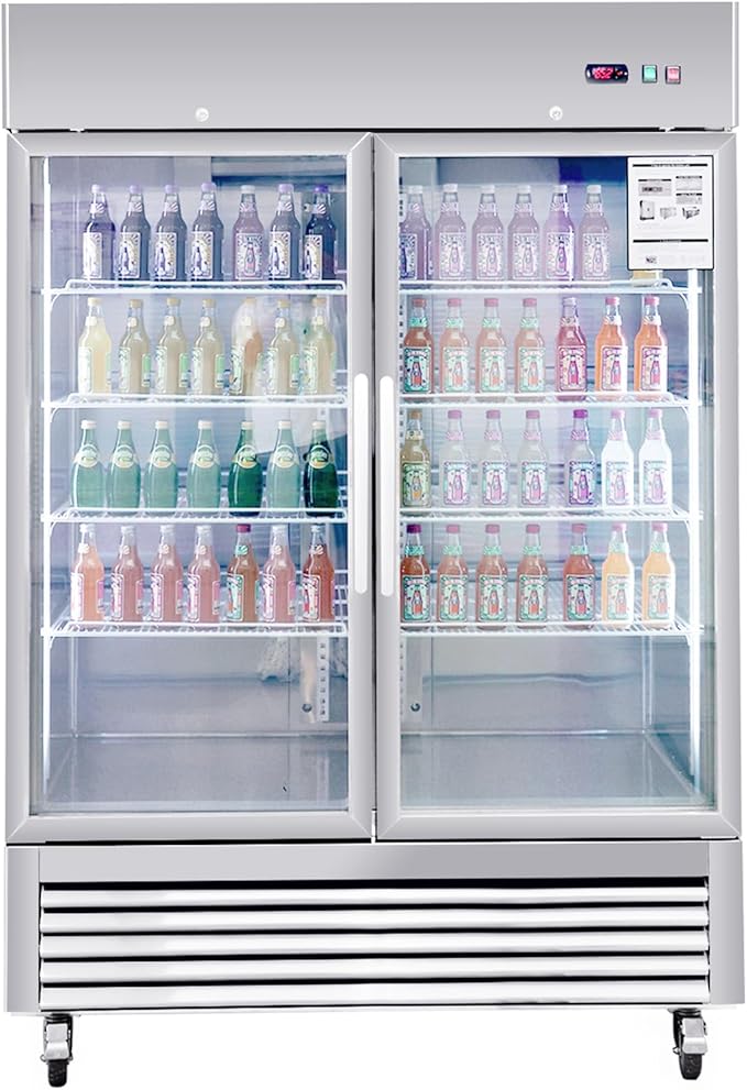 Merax Merex Commercial Refrigerator 54" W 2 Glass Door Stainless Steel Interior and Exterior Construction Upright Fan Cooling Reach-in Merchandising 42.2 Cu.ft, Silver
