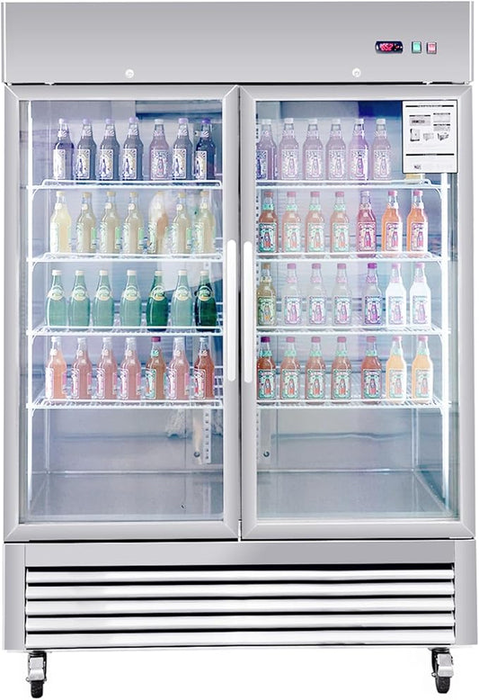 Merax Merex Commercial Refrigerator 54" W 2 Glass Door Stainless Steel Interior and Exterior Construction Upright Fan Cooling Reach-in Merchandising 42.2 Cu.ft, Silver