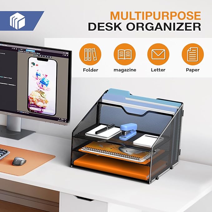 Letter Tray Organizer, Mesh Desk File Organizer with 3 Paper Trays and 2 Vertical Upright Section (Silver)