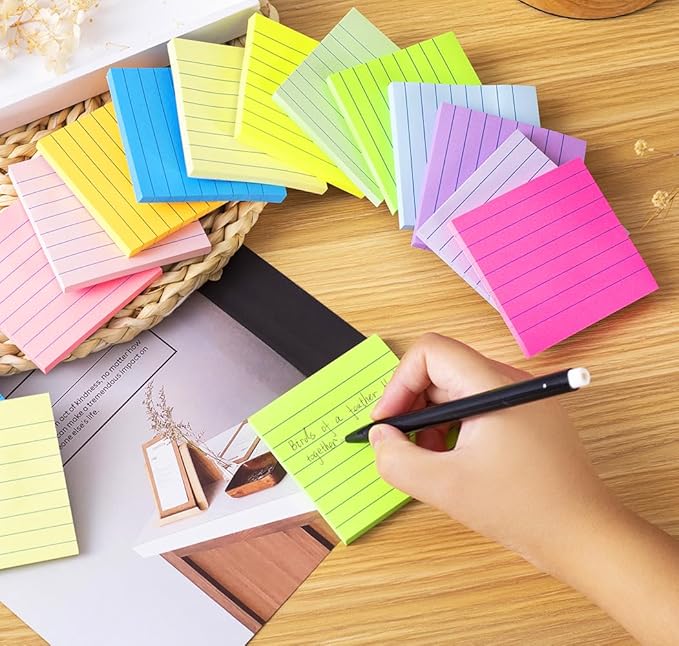 (24 Pads) Lined Sticky Notes 3x3 in Ruled Stickies Super Sticking Power Memo Pads Bright Colors