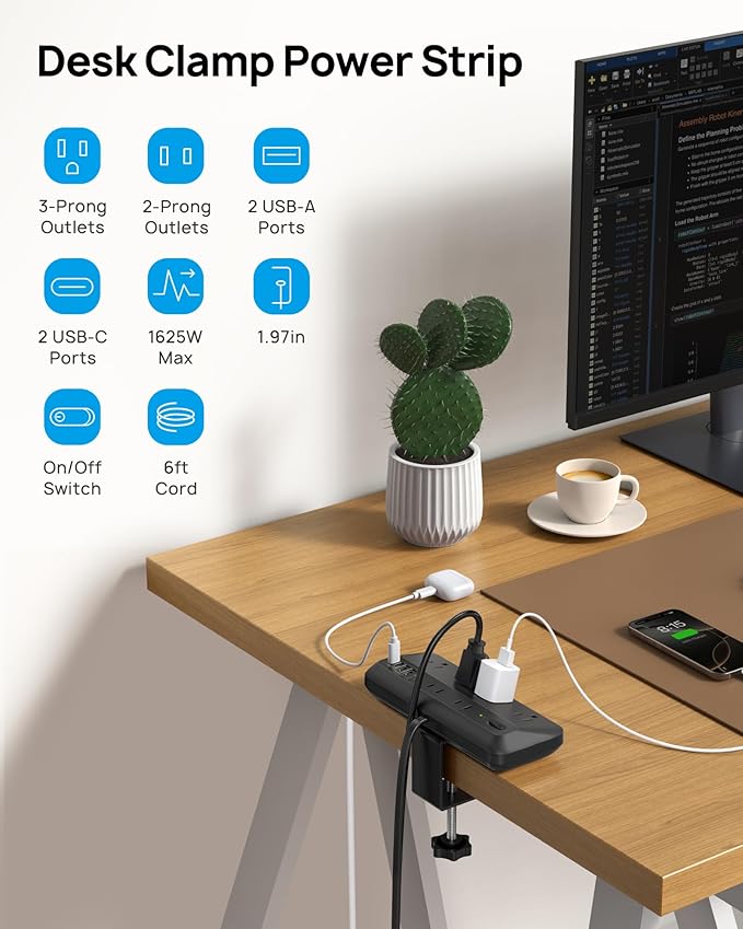 TROND 20W USB C Desk Clamp Power Strip - 1700J Surge Protector with 7 Outlets, Desktop Edge Mount Extension Cord, Fit 1.97" Tabletop, 6FT Flat Plug for Teacher Must Haves, Office, ETL List, Black