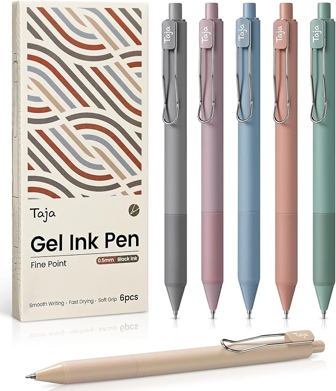 Taja Gel Pens, 6pcs 0.5mm Fine Point Smooth Writing Pens, Quick Dry Black Ink Pens for Journaling and Note Taking, Cute Aesthetic Pens for Office School & Home Supplies