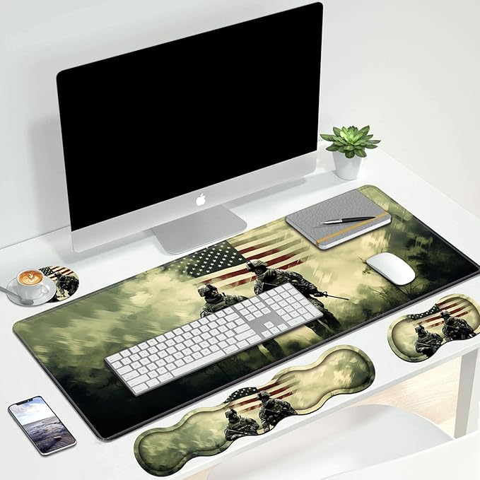 4 in 1 Ergonomic Keyboard Wrist Rest & Mouse Pad Wrist Rest Set, Large Gaming Desk Mat 31.5"x 11.8" with Non-Slip Base, Memory Foam for Home Office Study Gaming, American Military Army Troops Soldiers