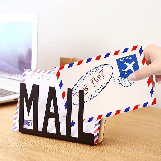 Mail Holder,Mail Organizer Black Metal Letter Sorter Tabletop Mail Cutout Organizer Mail Letter Document Stand with Letter Opener for Desktop Home Office School（2Pcs)
