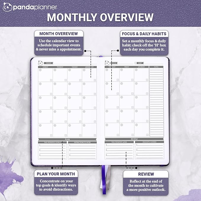 Panda Planner Classic A5 Daily Planner 2026 – Undated Quarterly Planner & Daily Task Planner with Hourly Schedule, To Do List, Goal Planner, Habit Tracker & Gratitude Journal for Focus & Organization – Purple