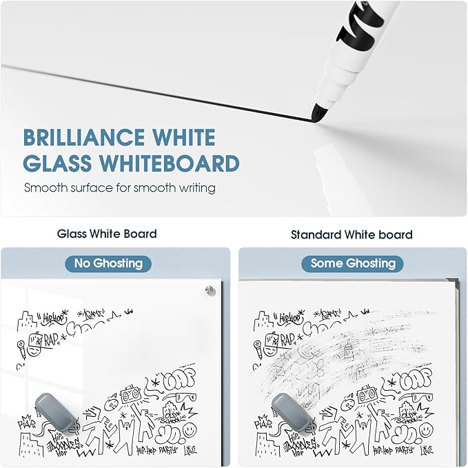 MaxGear Glass White Boards 48x30 Inches, Briliance White Wall Mounted Magnetic Glass Dry Erase Board, Large Frameless Whiteboard with 1 Eraser,3 Markers and 6 Magnets for Office, School, Home