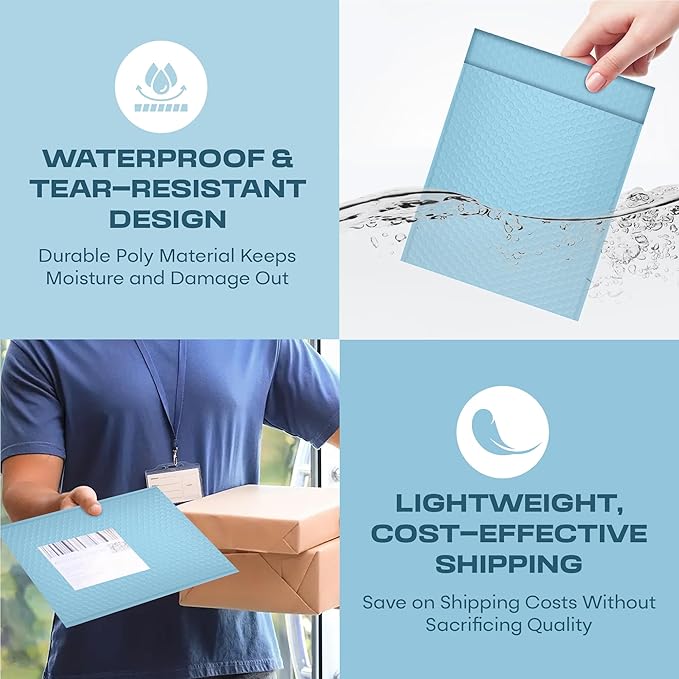 Light Blue 10x13 Inch Poly Bubble Mailers |Self Seal Padded Envelopes for Thick books | Cushioned Bubble Mailer | Usable Size 9.5x13 Inch | Waterproof Lightweight Mailing Shipping Bags | 200 Pack Bulk
