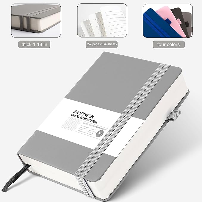 Lined Journal Notebook for Women Men, 352 Pages A5(5.7" x 8.3")College Ruled Hardcover Leather Journals for Writing, Daily Journal Notebooks for Work, Note Taking, Travel, School, Business (Gray)