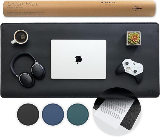 Nordik Felt and Leather Desk Mat Non-Slip - Black - 35 X 17 Inch - Felt and Vegan Leather Desk Pad - Document Organizers - Desk Blotter and Desktop Mat - Desk Protector Laptop Desk Matt for Desktop