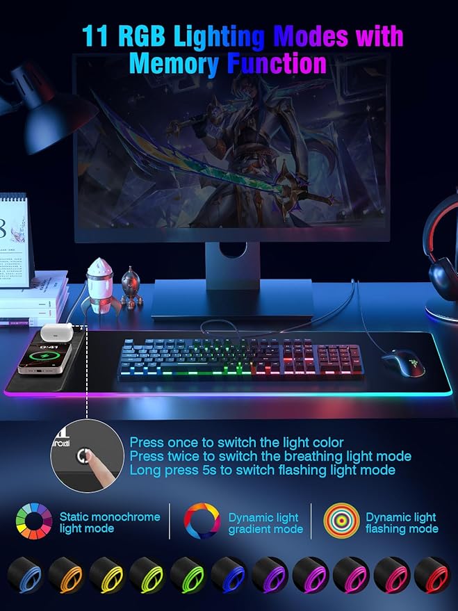 Mouse Pad with Magnetic Wireless Charging, Large Desk Pad Protector, RGB Black Mousepad Desk Mat with 15W Fast Charger, 4mm Thick Non-Slip, Waterproof Laptop Writing Pad for Office, Home, Gaming