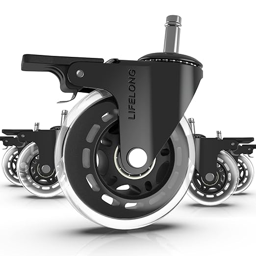 Lifelong Office Chair Wheels Replacement Rubber Chair Casters for Hardwood Floors and Carpet, Set of 5, Heavy Duty Casters for Chairs to Replace Office Chair Mats - Fits 98%