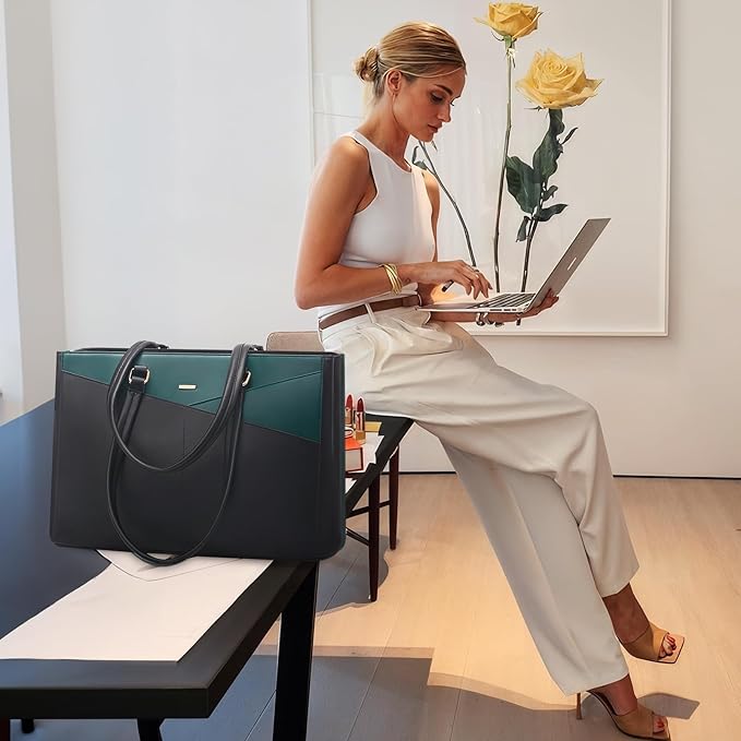 LOVEVOOK Laptop Bag for Women 15.6 Inch Tote Bags Waterproof Leather Briefcase Computer Women Business Office Work Bag,Black/Green