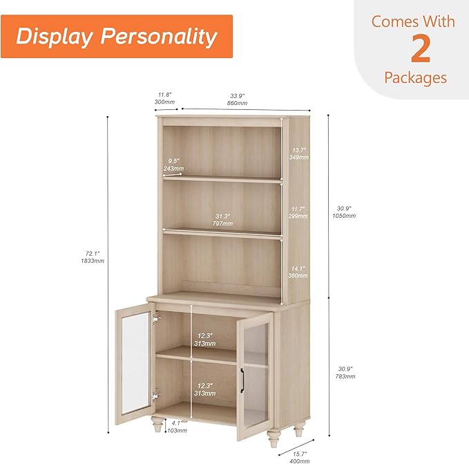 WAMPAT 5 Tier Bookshelf 72" Tall Bookcase with Glass Doors,Large Farmhouse Display Book Shelf with Adjustable Shelves and Storage Cabinet，Library Wood Bookshelves for Living Room,Kitchen, Light Oak