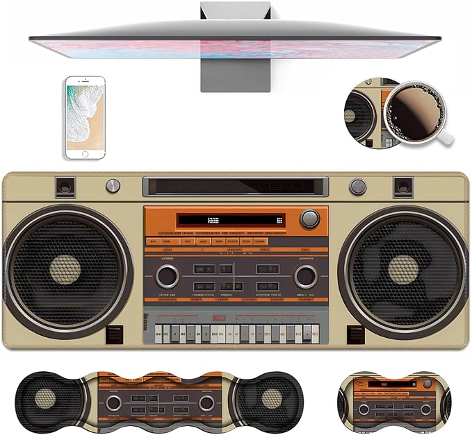 4 in 1 Ergonomic Keyboard Wrist Rest & Mouse Pad Wrist Rest Set, Large XXL Gaming Desk Mat 31.5"x 11.8" with Non-Slip Base, Memory Foam for Home Office Study Gaming, Retro Tape Recorder