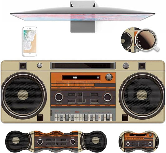 4 in 1 Ergonomic Keyboard Wrist Rest & Mouse Pad Wrist Rest Set, Large XXL Gaming Desk Mat 31.5"x 11.8" with Non-Slip Base, Memory Foam for Home Office Study Gaming, Retro Tape Recorder