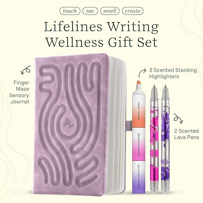 Lifelines Writing Wellness Gift Set - Scented Writing Set Includes Finger Maze Sensory Journal, 3 Scented Stacking Highlighters & 2 Lava Gel Pens - Aromatherapy & Sensory Immersion