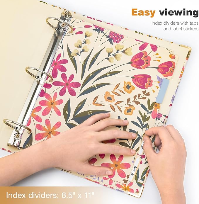 Ospelelf 3 Ring Binder, 2 Inch Letter Size (11" x 8.5") with 5 Tab Dividers, File Folder Labels and Low Profile Clipboards, Floral Binder for School and Office Supplies