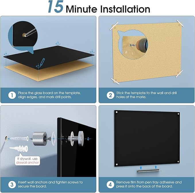 MaxGear Glass White Boards 48x36 Inches, Wall Mounted Magnetic Glass Dry Erase Board Black, Large Frameless Whiteboard with 1 Eraser,3 Markers and 6 Magnets for Office, School, Home