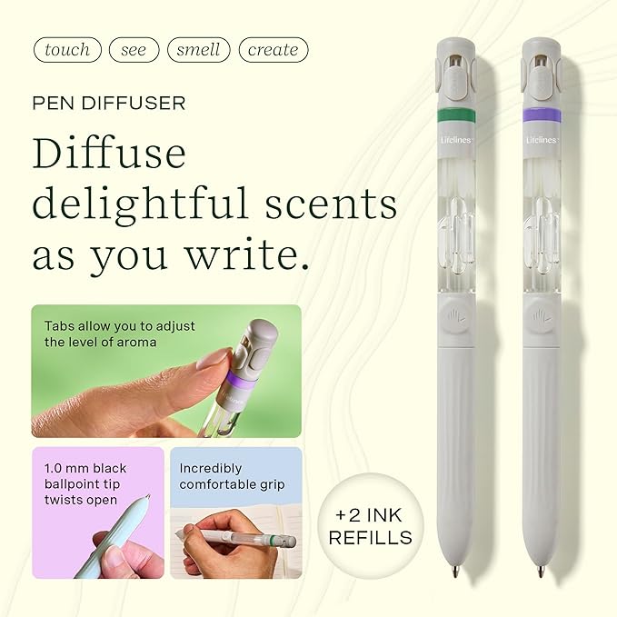 Lifelines Pen Diffuser Set, 2-Pack (Walk in The Woods & in Bloom) - 1mm Black Ballpoint Pens with Scented Essential Oil Diffuser - Aromatherapy & Sensory Immersion Diffuse Aroma As You Write