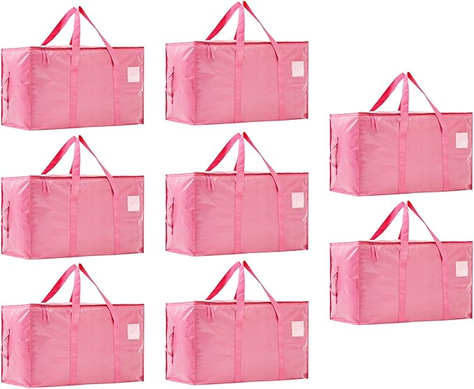 Moving Bags Heavy Duty Extra Large, Moving Boxes, Moving Supplies Essentials,Storage Bins with Lids, Plastic Packing Totes, Storage Bags for Clothes with Handles & Zippers(Pink, 8 Pack)