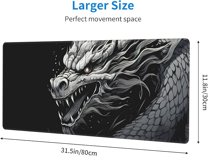 Large Size Eastern Dragon Print Gaming Mouse Pad 31.5 x 12 Inch, Stitched Edges, Anti-Slip Base, Waterproof Surface