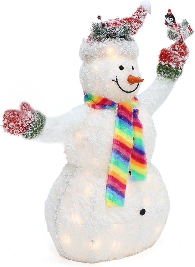 LuxenHome 3FT Lighted Snowman Outdoor Christmas Decorations, Battery Operated Frosted Snowman Christmas Decor with 40 LED Light, Xmas Decorations Outdoor, Indoor for Porch, Lawn Holiday Display