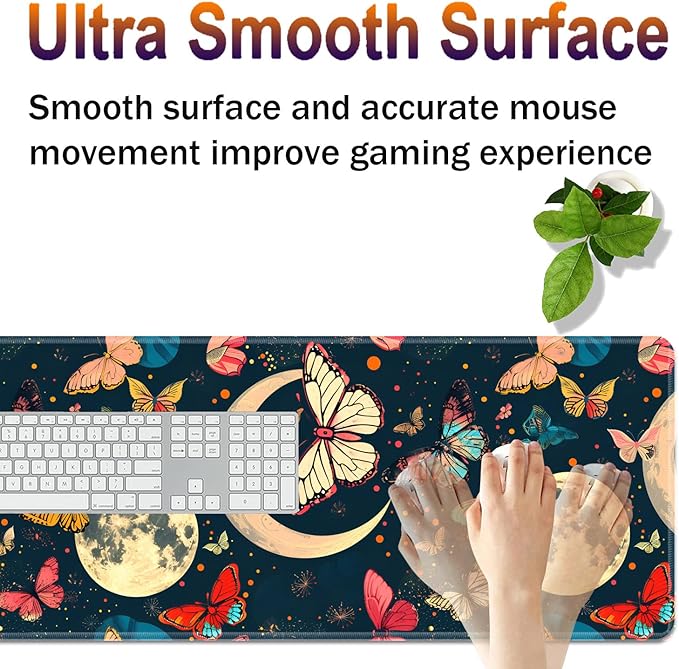 Large XXL Gaming Desk Mat 31.5"x 11.8", Ergonomic Keyboard Wrist Rest & Mouse Pad Wrist Rest + Coaster Set, Non-Slip Base, Memory Foam, Office and Home, Moon Butterfly