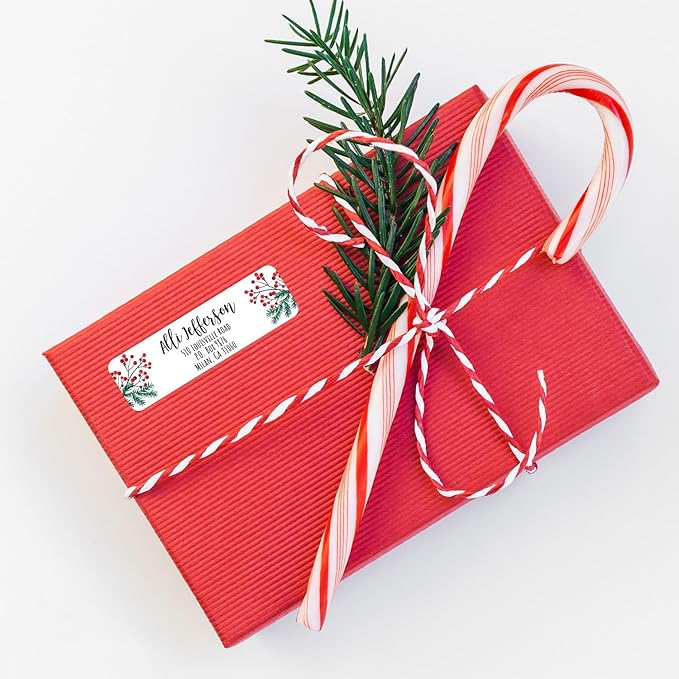 Pine and Holly Rolled Address Labels / 250 Personalized Return Address Labels/Designer Address Stickers in Elegant Plastic Dispenser