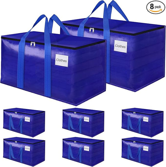 Moving Storage Bags, Moving Supplies Packing Boxes for Moving, Camping, College Dorm Room Essentials for Girls, Blue Tote Bags, Heavy-Duty Storage Bins With Lids And Zippers, 76L 8Pack