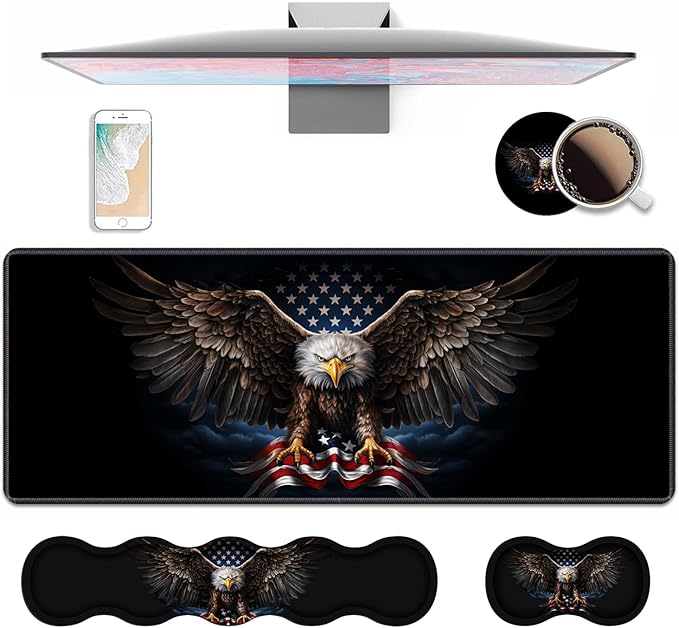 4 in 1 Ergonomic Keyboard Wrist Rest & Mouse Pad Wrist Rest Set, Large XXL Gaming Desk Mat 31.5"x 11.8" with Non-Slip Base, Memory Foam for Home Office Study Gaming, American Flag Bald Eagle