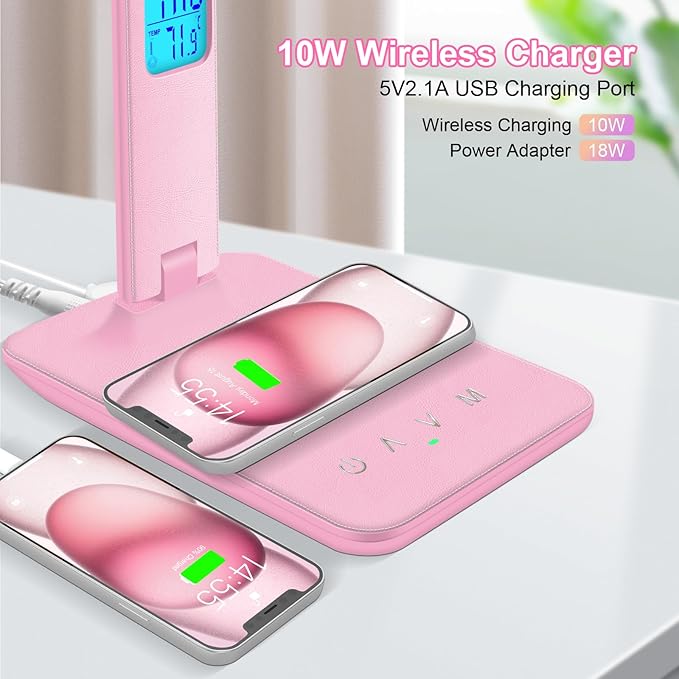 Desk Lamp with Wireless Charger，USB Charging Port, Dimmable Office Desk Light with Clock, Alarm, Date, Temperature, Foldable Lamp for Table Bedroom Bedside Office (Pink, Standard Size-13.3 inch)