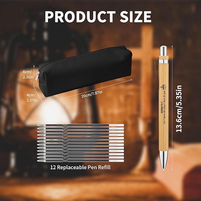 Bible Verse Pens 25 Pcs with 12 Christian Pens & 12 Refills & 1 Black Pen Pouch Bamboo Retractable Ballpoint Pens Inspirational Quote Pen Religious Gifts for Men Women