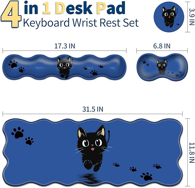 4-Piece XXL Gaming Mouse Pad Set (31.5"x11.8") with Keyboard Wrist Rest,Mouse Wrist Support & Coaster,Ergonomic Non-Slip Desk Mat for Office & Home,Cute Black Cat