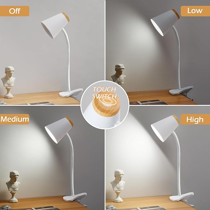 Clip on Desk Lamp for Home Office - Small LED Touch Dimmable Book Lights for Reading at Night - Adjustable Flexible Gooseneck Clamp Light Table Lamp for Bedside Bedroom Bed Headboard White