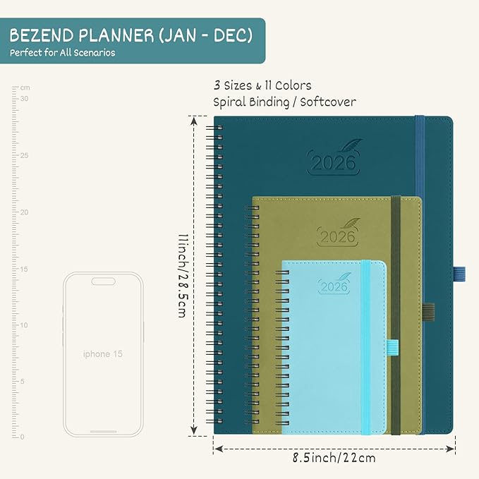BEZEND 2026 Planner Weekly and Monthly (8.5" x 11" Spiral) Daily Calendar with Half-Hourly Timeslots & Tab (Jan-Dec) Note & Expenses, Pen Holder, Inner Pocket, Vegan Leather Softcover - Mint Green