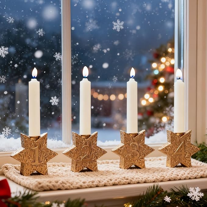 WDS WONDROUS Christmas Candle Holders Set of 4 – Gold Hexagon Snowflake Candlestick Holder, Taper Candle Holders for Christmas Table Centerpieces, Xmas Home Decor