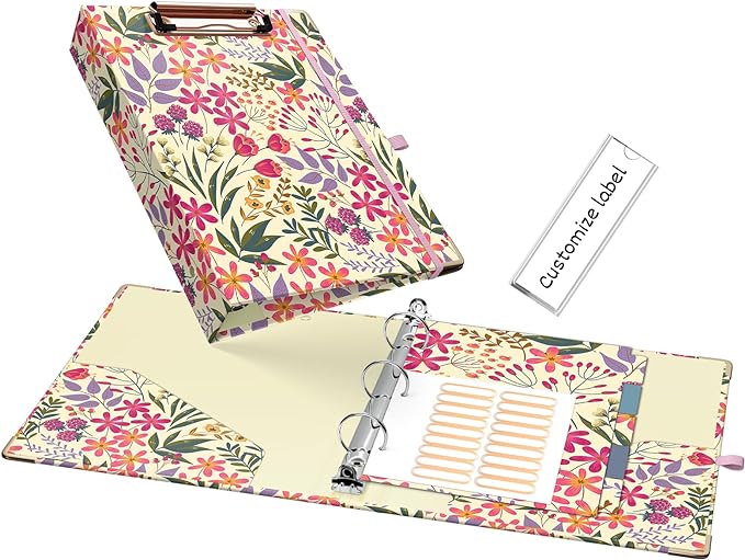 Ospelelf Mini 3 Ring Binder, 1 Inch, Cute Floral Binder for 5.5" x 8.5" with 5 Tab Dividers, File Folder Labels and Low Profile Clipboards