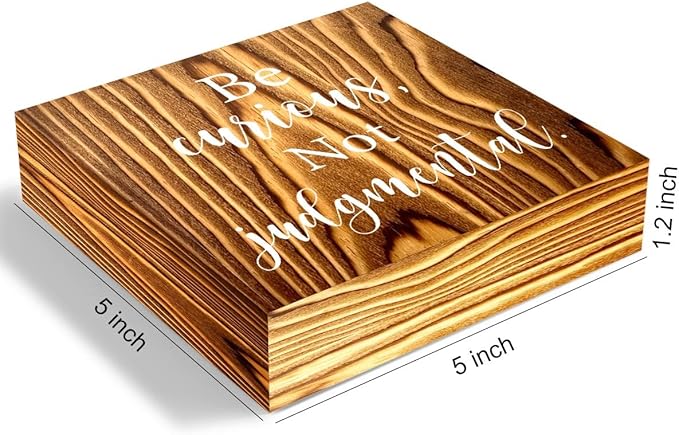 mmiishe Inspirational Wooden Box Sign Decorative Motivational Be Curious Not Judgmental Wood Box Sign Home Bedroom Office Decor Rustic Farmhouse Square Desk Decor Sign for Shelf Burlywood
