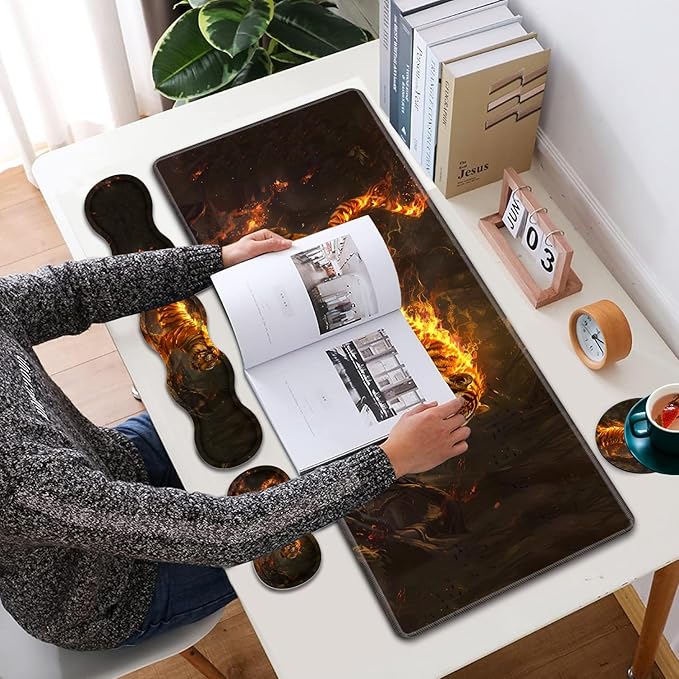 Large XXL Gaming Desk Mat 31.5"x 11.8", Ergonomic Keyboard Wrist Rest & Mouse Pad Wrist Rest + Coaster Set, Non-Slip Base, Memory Foam, Office and Home, Fire Tiger