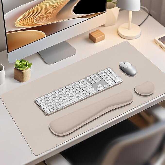 Mouse Pad and Keyboard Wrist Rest, Large Keyboard and Mouse Pad Set, Ergonomic Mousepad with Wrist Rest, Non-Slip Desk Mat Protector for Office, Home (31.5×15.7 Inches, Cream Powder)